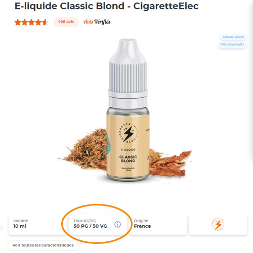 Capture d'écran d'une fiche produit CigaretteElec