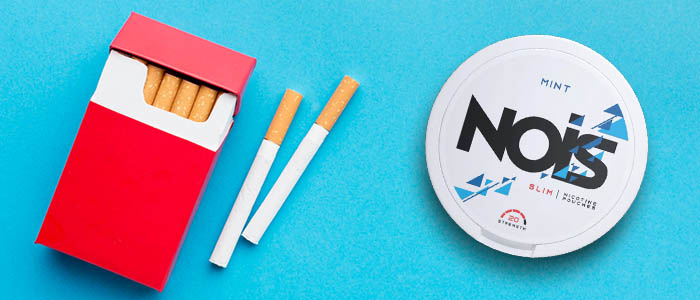 Paquet de cigarettes et boîte de nicotine pouches