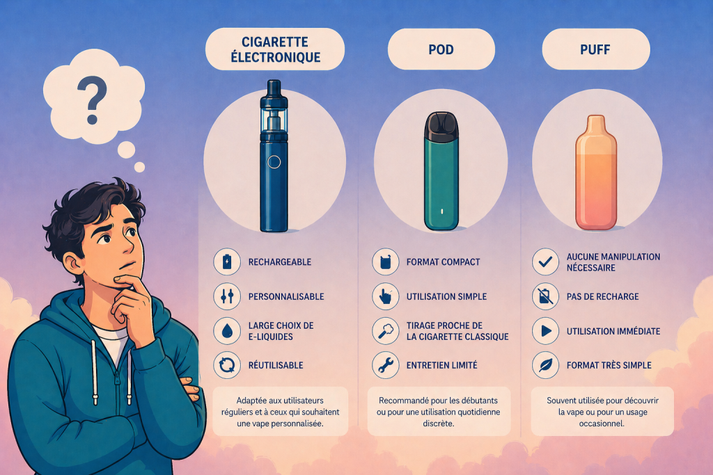 différence puff, cigarette électronique et pod