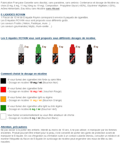 Fiche technique de la marque Roykin Fiche de composition de liquide par Roykin